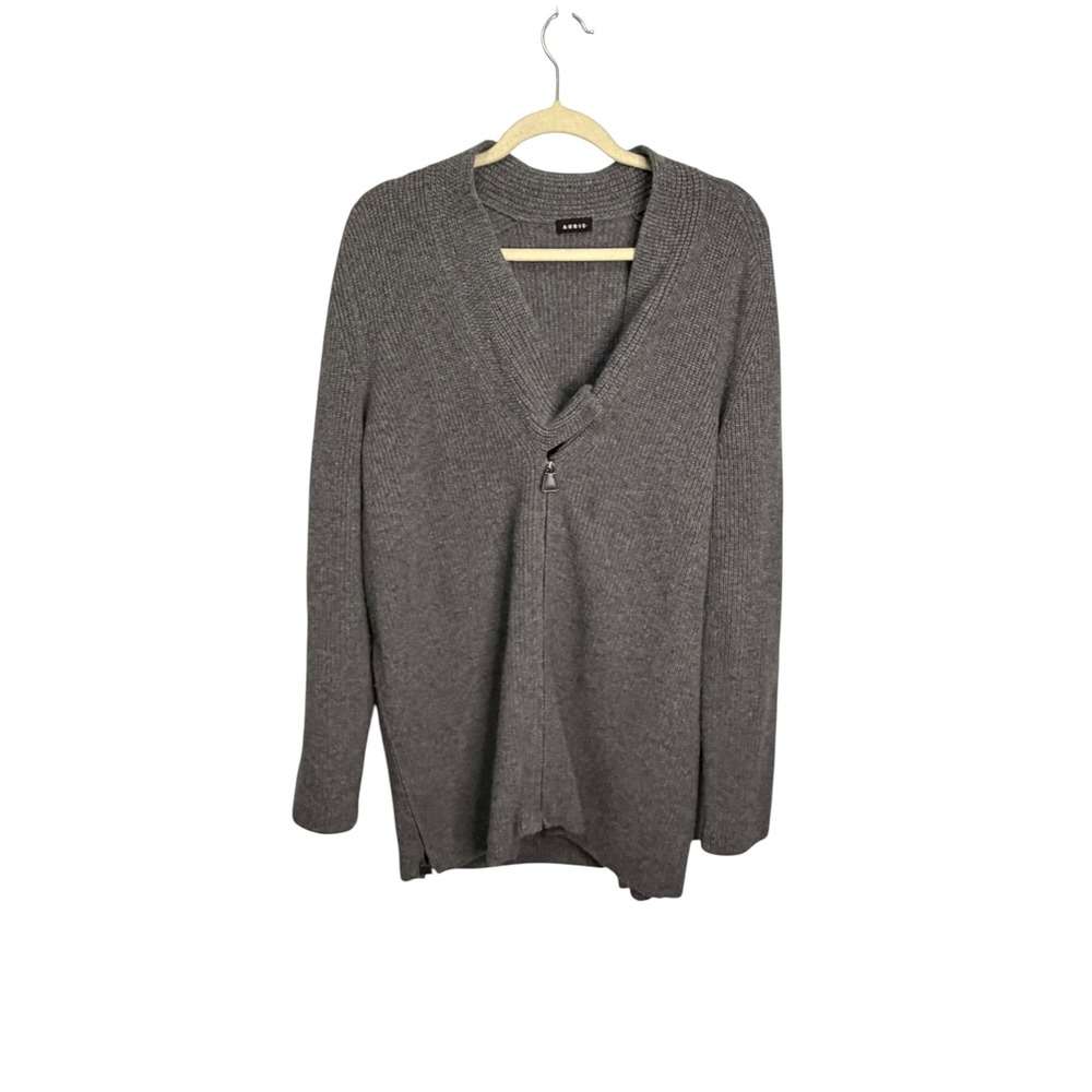Akris Sweater Women's 14 Cashmhere Ribbed Knit Cardigan Shawl Collar Wrap Gray